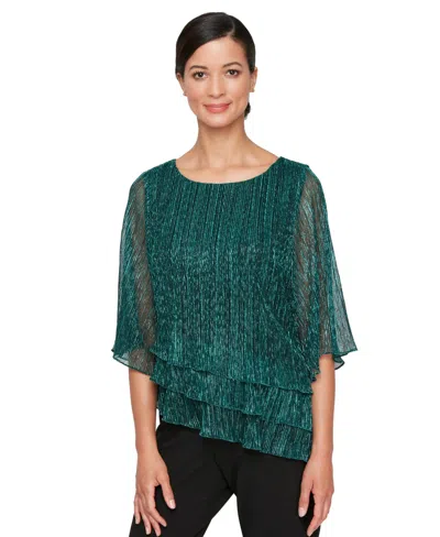 Alex Evenings Women's Metallic Asymmetric Triple-tier 3/4-sleeve Blouse In Green