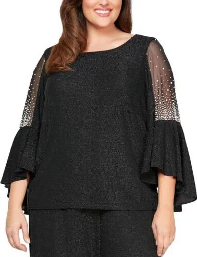 Pre-owned Alex Evenings Women's Metallic Knit Blouse In Black Bell Plus