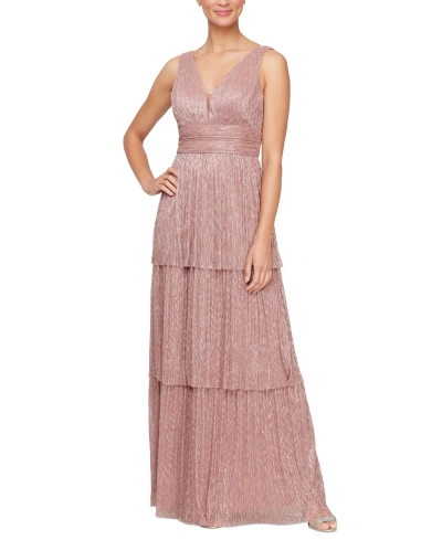 Alex Evenings Women's Metallic Knit Tiered Gown In Rose Gold