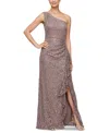Alex Evenings One-shoulder Sequin Lace A-line Gown In Mocha