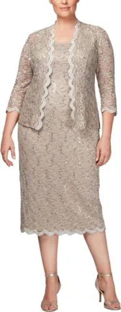Pre-owned Alex Evenings Women's Plus Size Lace Jacket Dress In Champagne