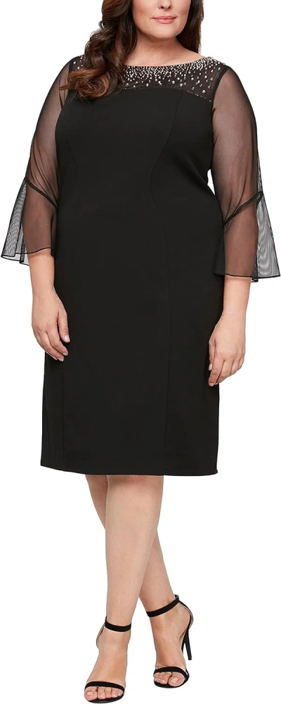 Pre-owned Alex Evenings Women's Plus Size Short Shift Dress With Embellished Illusion... In Black And Silver