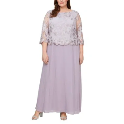 Pre-owned Alex Evenings Women's Plus Size Stretch Lace Bodice Mock One Piece Gown, Smokey In Smokey Orchid Embroidery