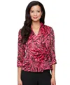 Alex Evenings Petite Printed Surplice-neck 3/4-sleeve Top In Black Fuchsia