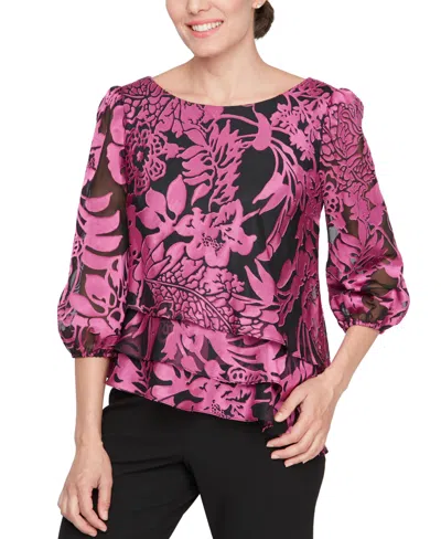 Alex Evenings Women's Printed Tiered Asymmetrical Blouse In Black,fuscia