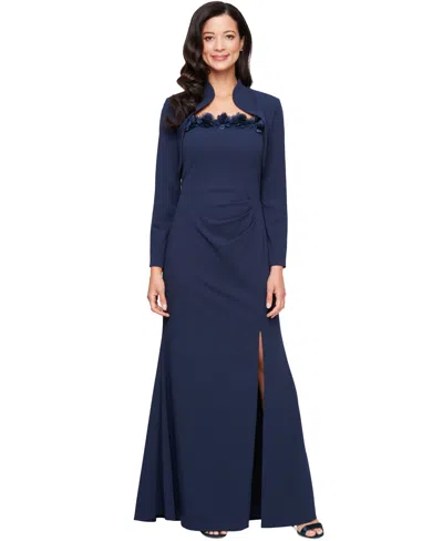 Alex Evenings Women's Rosette-trim Bolero-jacket Gown In Navy