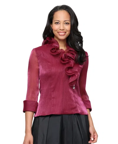 Alex Evenings Women's Ruffle Neck Chiffon Top In Sangria