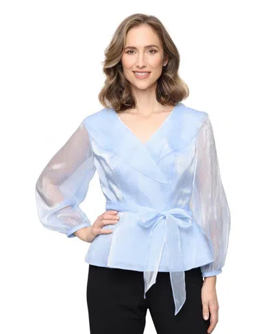 Alex Evenings Portrait Collar Shimmer Wrap Top In Blue