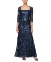 Alex Evenings Sequin Square Neck Trumpet Gown In Navy