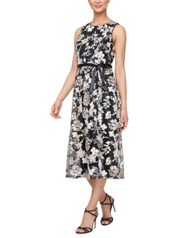 Alex Evenings Women's Sequin Floral Embroidered Sleeveless Fit & Flare Dress In Black Multi