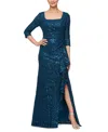 Alex Evenings Sequin Square Neck A-line Gown In Deep Teal