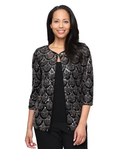 Alex Evenings Women's Sequin Mock Twinset 3/4-sleeve Blouse In Black
