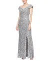 Alex Evenings Women's Sequined Lace Off-the-shoulder Gown In Pewter