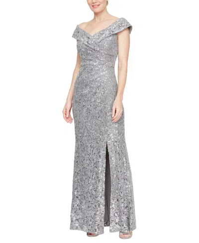 Alex Evenings Women's Sequined Lace Off-the-shoulder Gown In Pewter