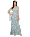 Alex Evenings Soutache Mermaid Gown With Shawl In Ice Sage