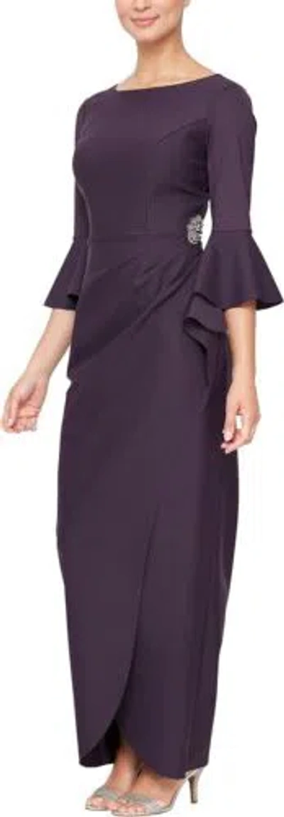 Pre-owned Alex Evenings Women's Slimming Long ¾ Sleeve Side-ruched Dress In Aubergine
