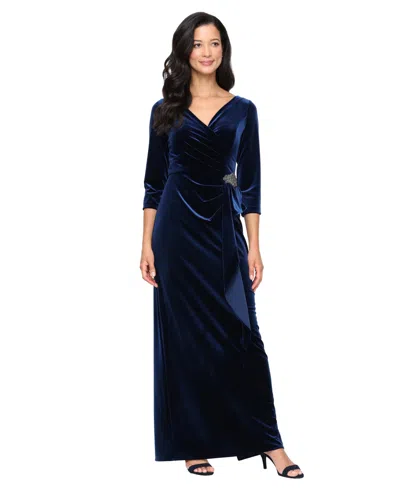 Alex Evenings Women's Stretch Velvet Surplice Embellished-cascade Gown In Imperial