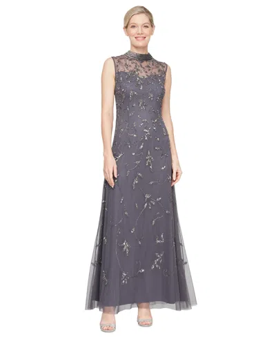 Alex Evenings Women's Sweetheart-neck Beaded A-line Dress In Gunmetal