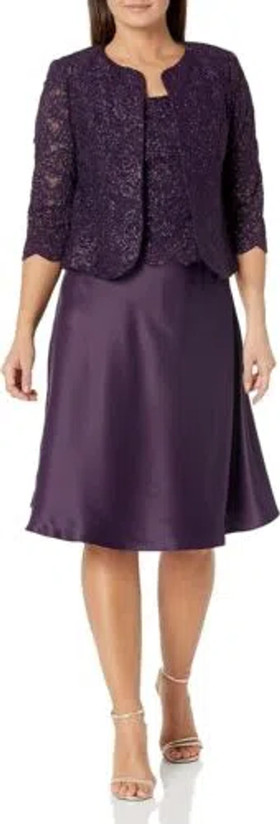 Pre-owned Alex Evenings Women's Tea Length Mock Dress With Sequin Jacket (petite And... In Eggplant