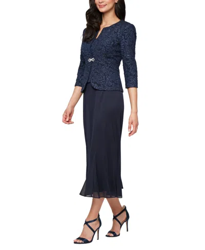 Alex Evenings Women's Textured Jacquard Tea-length Midi Jacket Dress In Blue