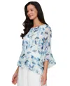 Alex Evenings Plus Size Floral Print Tiered Bell-sleeve Blouse In Ivory Mult