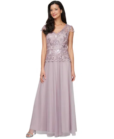 Alex Evenings Women's V-neck Cap-sleeve Embroidered Gown In Wisteria