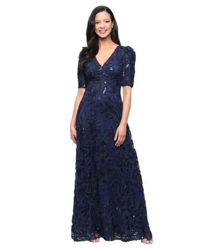 Alex Evenings Women's V-neck Long Embroidered Dress In Blue