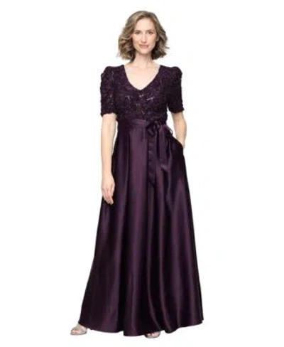 Alex Evenings Sequin Soutache Bodice Empire Waist A-line Gown In Deep Plum