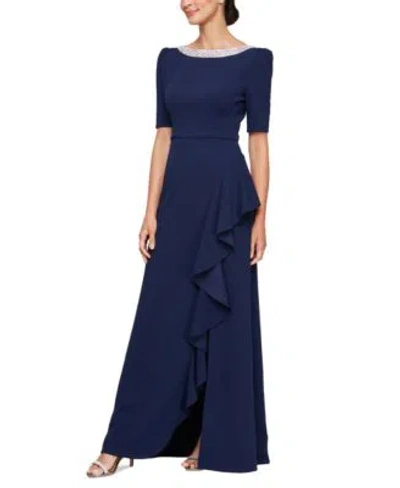 Alex Evenings Womens Embellished Neck Ruffle Gown In Blue