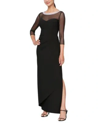 Alex Evenings Womens Embellished Neck Side Ruched Illusion Dress In Black
