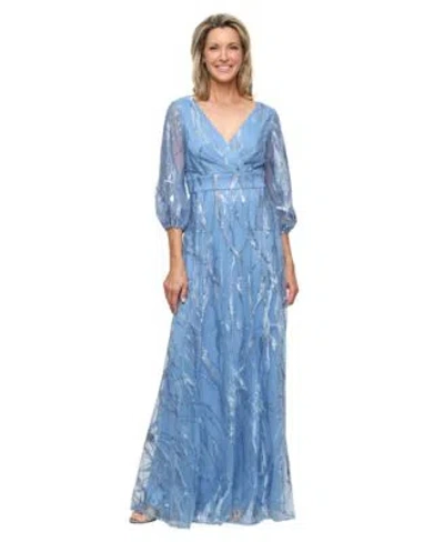 Alex Evenings Womens Embroidered A Line V Neck Ball Gown In Blue