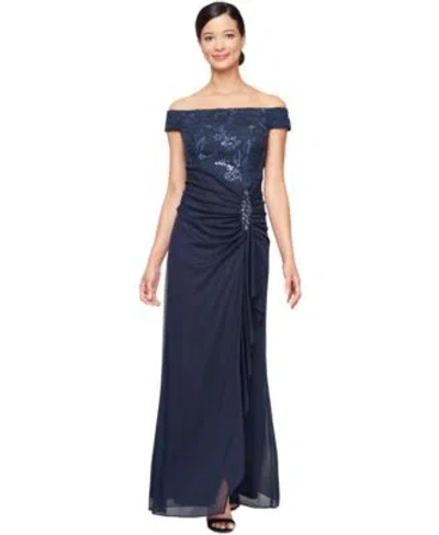Alex Evenings Embroidered Lace Off The Shoulder Gown In Blue