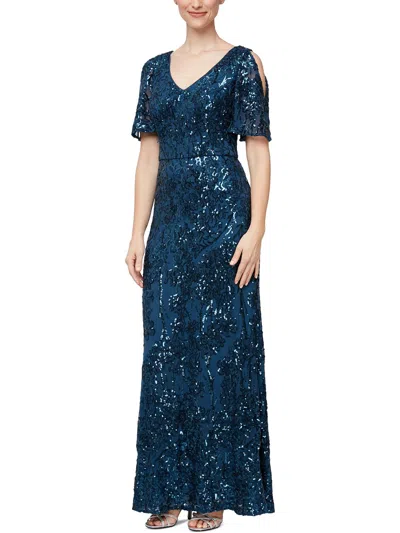 Alex Evenings Womens Embroidered Sequined Formal Dress In Blue