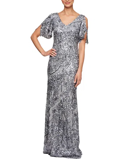 Alex Evenings Womens Embroidered Sequined Formal Dress In Silver