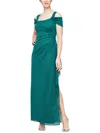 Alex Evenings Cold Shoulder Ruffle Glitter Evening Gown In Green