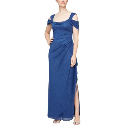 Alex Evenings Womens Glitter Cold Shoulder Evening Dress In Blue