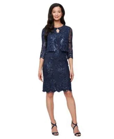 Alex Evenings Womens Glitter Lace Jacket Dress 2 Piece Set In Blue