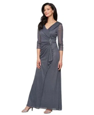 Alex Evenings Womens Glitter Mesh Long V Neck Gown In Blue