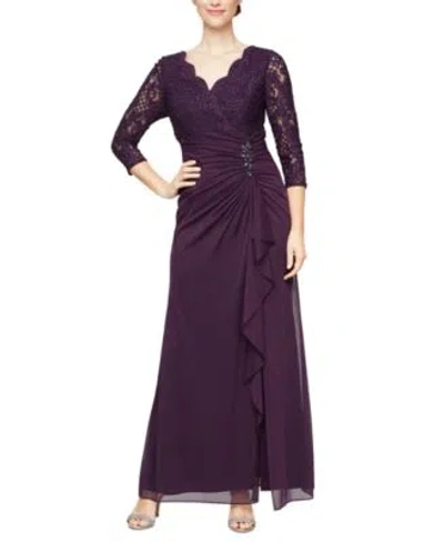 Alex Evenings Womens Lace Bodice Cascade Ruffle Gown In Purple