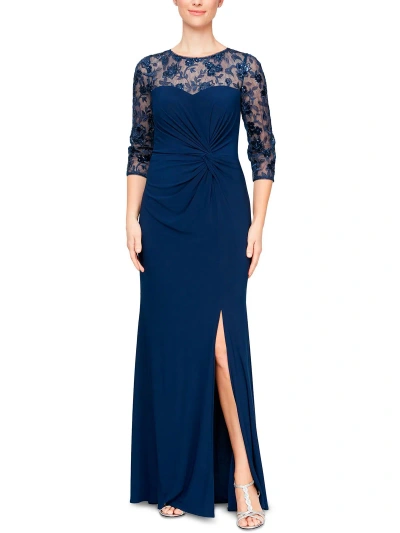 Alex Evenings Womens Lace Knot Front Evening Dress In Blue