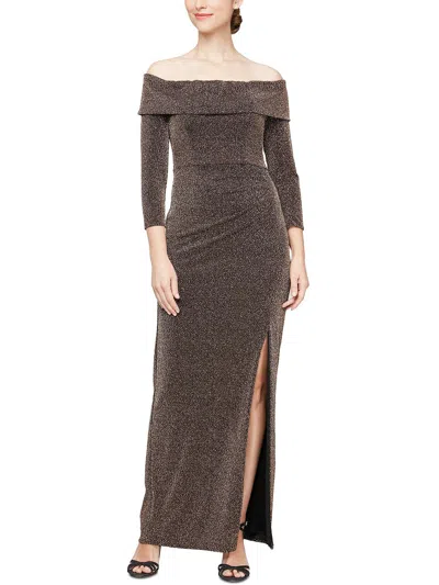 ALEX EVENINGS WOMENS METALLIC OFF-THE-SHOULDER EVENING DRESS
