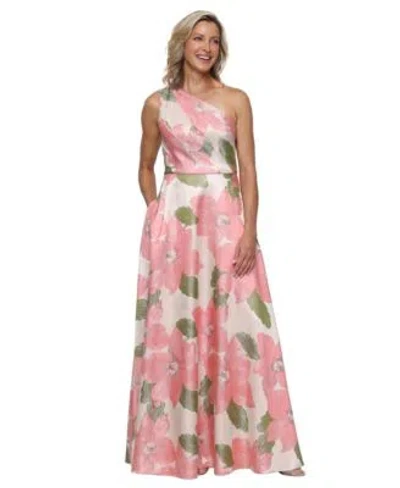 Alex Evenings Metallic Floral One-shoulder Gown In Pink