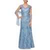 Alex Evenings Sequin Tulle Trumpet Gown With Shawl In Blue