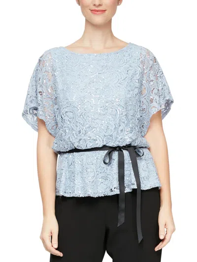 Alex Evenings Womens Sequined Lace Blouse In Blue