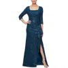Alex Evenings Sequin Square Neck A-line Gown In Blue