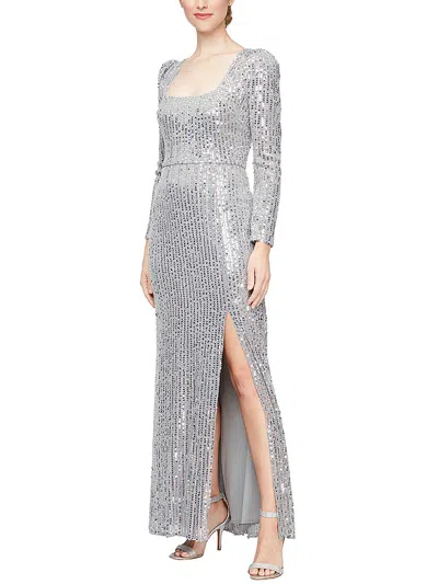 Alex Evenings Womens Sequined Maxi Evening Dress In Silver