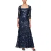 Alex Evenings Sequin Square Neck Trumpet Gown In Blue
