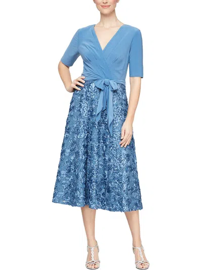 Alex Evenings Womens Sequined Rosette Cocktail Dress In Blue