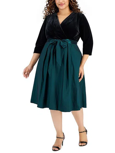 Alex Evenings Plus Size Surplice-neck Mixed-media Dress In Black,emerald