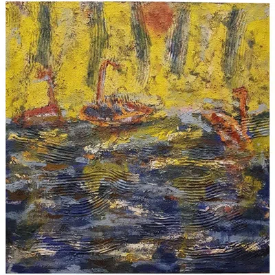 Pre-owned Alex Lazard Ocean Ships Landscape Mixed-media Painting Oil On Linen Abstract Expressionism In Brown